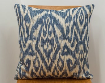 Textured Linen Blend Abstract Ikat Cushion. 17" (43cm) Square. Marine Blue and Beige. Double Sided.