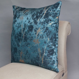Luxury Teal Blue Metallic Gold XL Cushion. Double Sided, 23&quot; Square. Turquoise and Indigo with Copper Highlight Cracked Marble Effect.