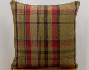 Cosy Checked Cushion in Hunter Red and Green. Double Sided. 17" (43cm) Square. Balmoral Style Highland Tartan Check Pillow.