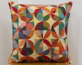 Retro Inspired Festival Tapestry Cushion. Multicoloured, double sided, 17x17" Square Pillow. Heavyweight Tapestry. Geometric Style.