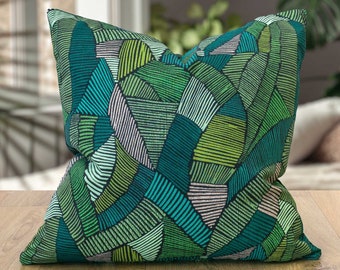 Botanic Abstract Leaf Cushion in Green. Emerald and Sage Green Eco-Friendly Cotton & Velvet Design. 17x17" Square Cushion Cover