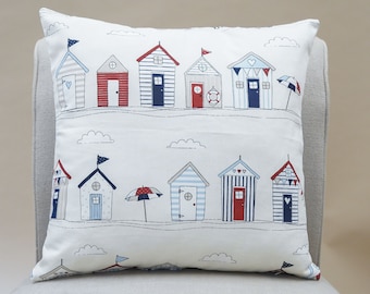 Beach Huts Blue Nautical Seaside Cushion Cover. Red and blue seaside coastal beach huts. 17" x 17" Square, 100% cotton.