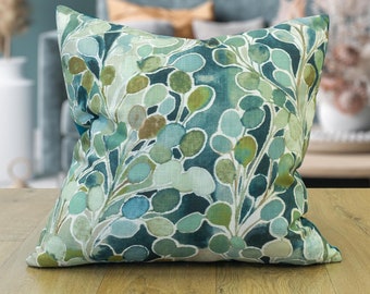 Folio Natural Leaf Print Cushion in Jade Green. Watercolour Green and Teal Blue Leaves. 17x17" Square Cushion Cover.