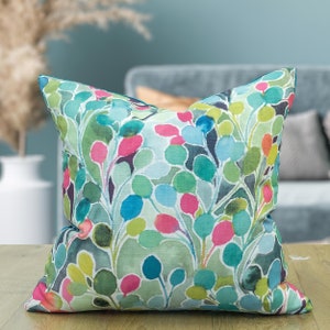 Folio Natural Leaf Print Cushion in Multicolour. Watercolour Green, Teal Blue and Pink Leaves. 17x17" Square Cushion Cover.