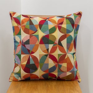 Retro Inspired Festival Tapestry Cushion. Multicoloured, double sided, 17x17" Square Pillow. Heavyweight Tapestry. Geometric Style.