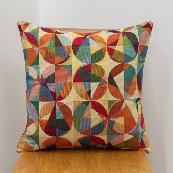 Retro Inspired Festival Tapestry Cushion. Multicoloured, double sided, 17x17" Square Pillow. Heavyweight Tapestry. Geometric Style.