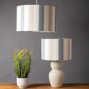Nautical Harbour Stripe Lampshade. Denim Blue, Grey and Seafoam White Traditional Cylinder Style Shade. 30cm & 40cm Sizes Available