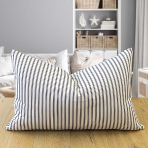 Nautical Cotton Ticking Stripe XL Rectangular Cushion. Nautical Inspired Grey and Bright White Stripe Design. 23x15" XL Cushion Cover