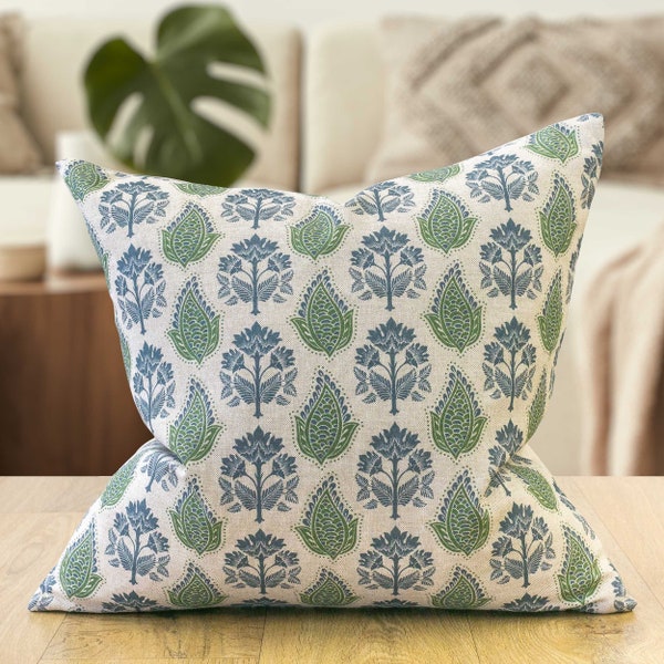 Cotswold Countryside Motif Cushion. Cottagecore Green and Blue Floral & Leaf Geometric Botanical Design. 17x17" Square Cushion Cover.