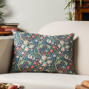 William Morris Golden Lily Boudoir Cushion in Sapphire Blue. Vintage Arts & Crafts Style Botanical and Floral Print. 17x12&quot; Rectangle Cover