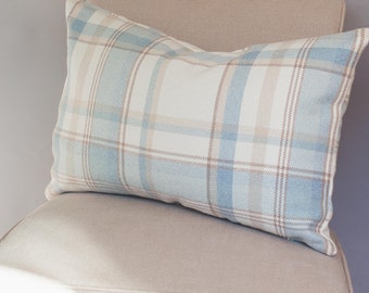 Cosy Checked XL Rectangular Cushion in Duck Egg Blue. Double Sided. 23x15" (58 x 38cm). Balmoral Style Highland Tartan Check Pillow.