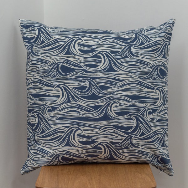 Extra Large Ocean Waves Cushion. Double Sided Nautical Design. XL 23x23" (58cm sq.) 100% Cotton. Navy Indigo Blue Seaside Design.