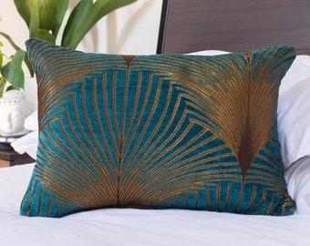 Art Deco Fan Boudoir Cushion. Teal Blue & Gold. Luxury Velvet Chenille. Double Sided Geometric Feather Style. 17"x12" Rectangle Pillow.
