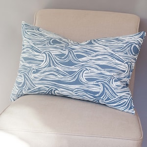 Ocean Waves Extra-Large Rectangular Cushion. Double Sided Nautical Design. 23x15" (58x38cm) 100% Cotton. Navy Indigo Blue Seaside Design.