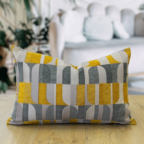 Moderne Art Deco Geo Boudoir Cushion in Ochre Yellow. Woven Velvet Chenille Geometric Pattern. 17x12" Rectangle Cushion Cover.