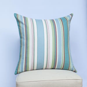 Cotton Canvas Stripe Extra-Large Cushion. Sage Green & Blue Vertical Nautical Stripes. 23x23&quot; XL Square Cushion Cover.