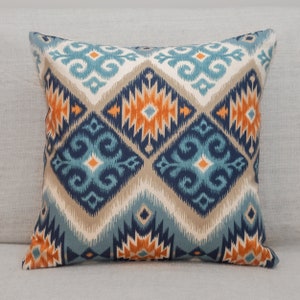 Printed Navajo Kilim Style Cushion. Teal Blue and Orange Abstract Geometric Design. 17"x17" (43cm) Square, 100% Cotton, Double Sided.