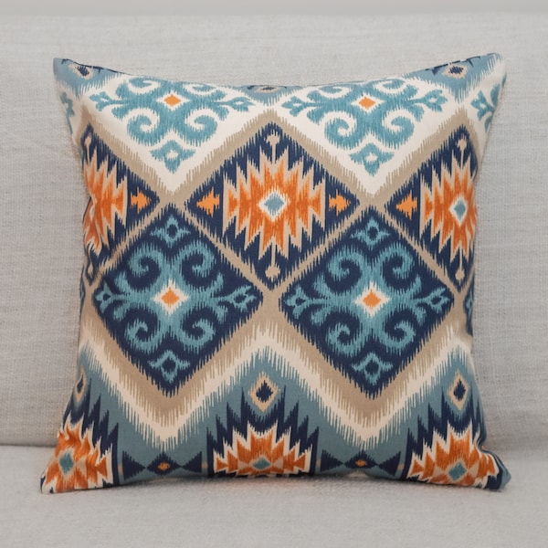 Printed Navajo Kilim Style Cushion. Teal Blue and Orange Abstract Geometric Design. 17"x17" (43cm) Square, 100% Cotton, Double Sided.