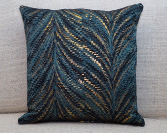 Luxury Metallic Feather Fan Cushion in Teal Blue. Double sided, 17x17&quot; Square. Turquoise blue with shiny copper / gold detailing.