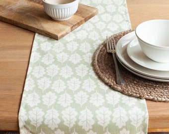 Autumn Leaf Table Runner in Sage Green and White. Shabby Chic Party Kitchen Table Decoration. 100% Sustainable Cotton. Available in 2 Sizes.