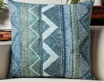 Aztec Stripe Extra-Large Cushion Cover. Teal Blue and Natural Green Geometric Zigzag and Chevron Design. 23x23" XL Square Cover
