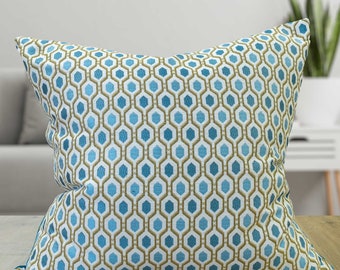 Cosmo Diamond Extra-Large Cushion in Teal Blue. Modern Geometric Small-Scale Design in Teal and Indigo Blue. 23x23" 'Cushion Cover
