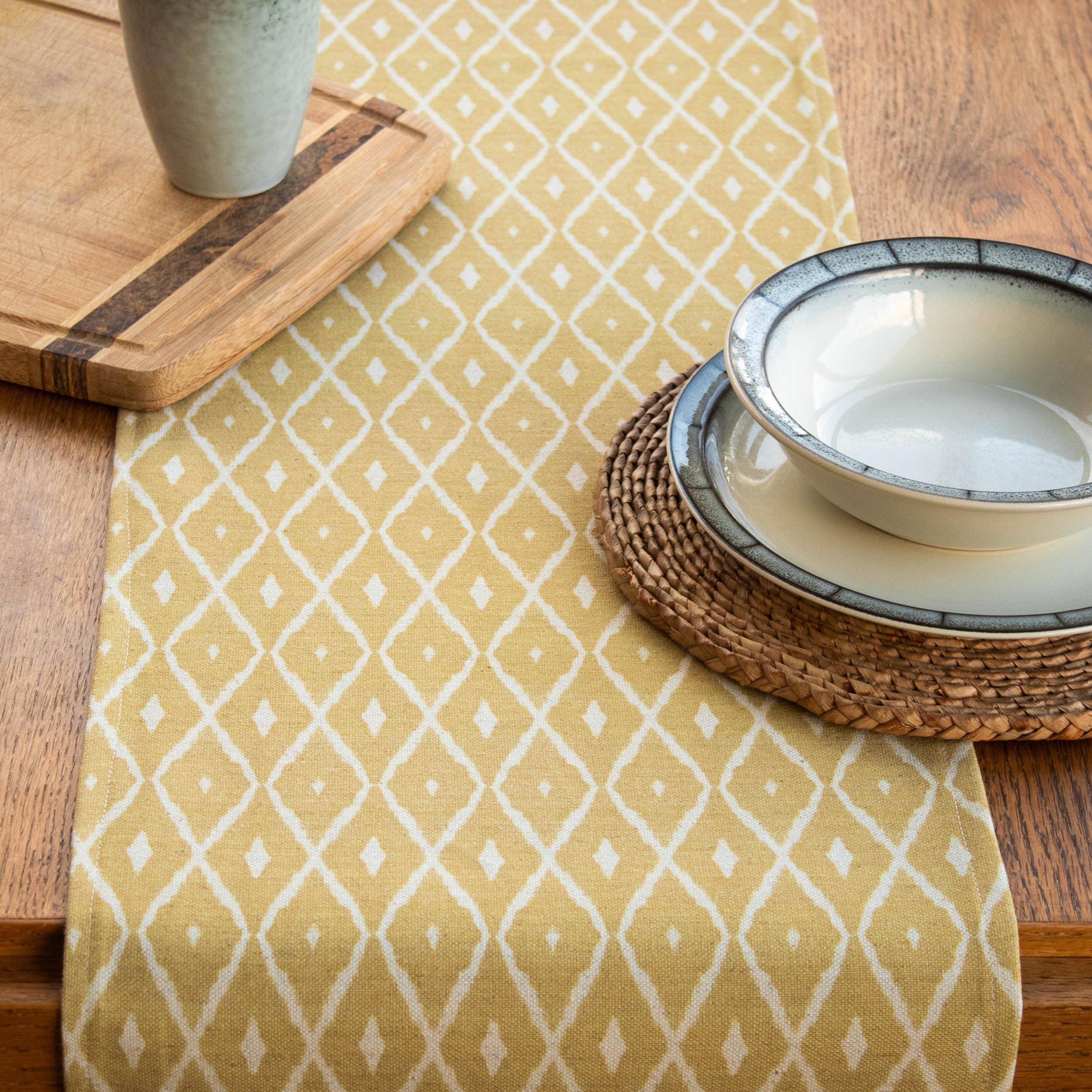 Tresco Table Runner in Ochre Yellow. Cottagecore Style, Geometric