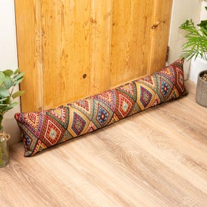 Kilim Weave Vintage Draught Excluder. Classic Diamond Ikat Design on a Tapestry Weave Style Cloth. Energy Saving Home Accessory. 90x20cm