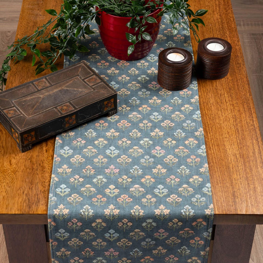 Ditsy Table Setting Vintage Meadow Table Runner in Chambray Blue. 100% Cotton, Ditsy Small ...