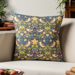 William Morris Strawberry Thief Printed Cushion in Blue. Vintage Arts and Crafts Botanical Floral Print. 17x17&quot; Square Cover