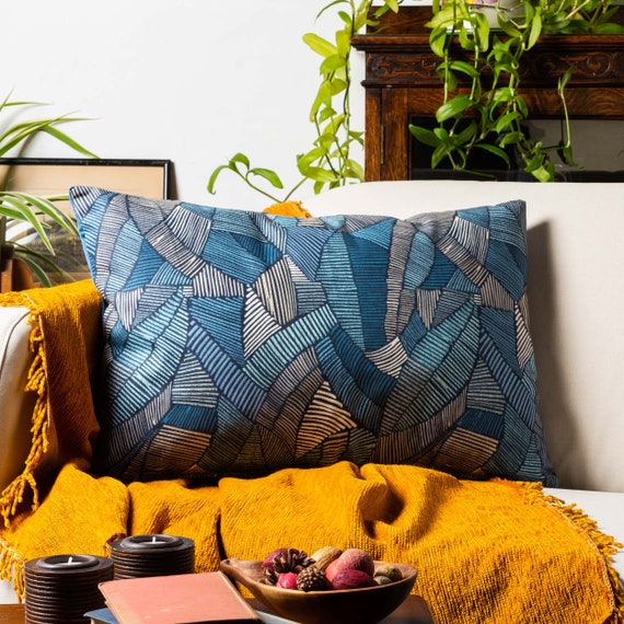 Botanic Abstract Leaf XL Rectangular Cushion in Blue. Denim Navy and Teal Blue Eco friendly Cotton Velvet Design. 23x15 XL Cushion Cover Etsy Canada