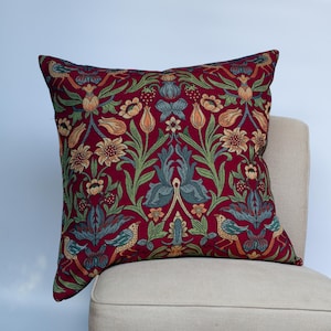 Manor Garden Tapestry Extra-Large Cushion. Morris Style Heavyweight Tapestry Countryside Botanical Design in Bright Red. 23x23" XL Cushion