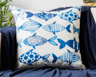 Tropical Fish Print Cushion Cover. Nautical Watercolour Blue and White Angel Fish Pattern for Beach huts, Seaside Homes. 17x17" Square Cover