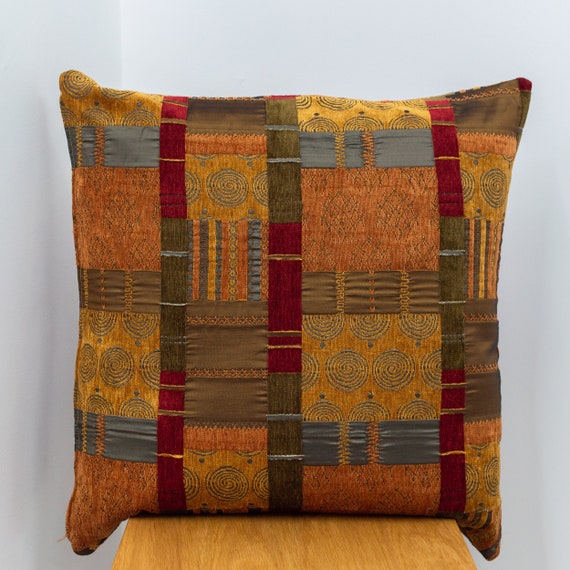 Extra Large Moroccan Style Cushion. Double Sided. 23" Square. Patchworked reds, ethnic terracotta, tribal green. Heavyweight fabric.