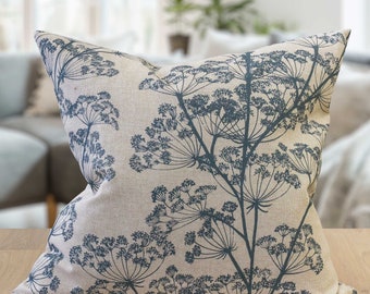Cow Parsley Cushion in Denim Blue and Natural Beige. Cottagecore Botanical Leaves & Flowers Design. 17x17" Cushion Cover
