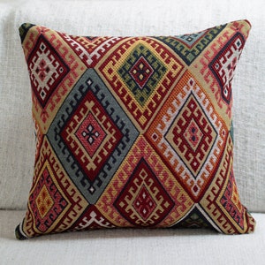 Traditional Turkish Kilim Style Cushion. 17" x 17" Square Cover. Heavyweight Upholstery Woven Kilim Fabric Diamond Pattern. Feather filled.