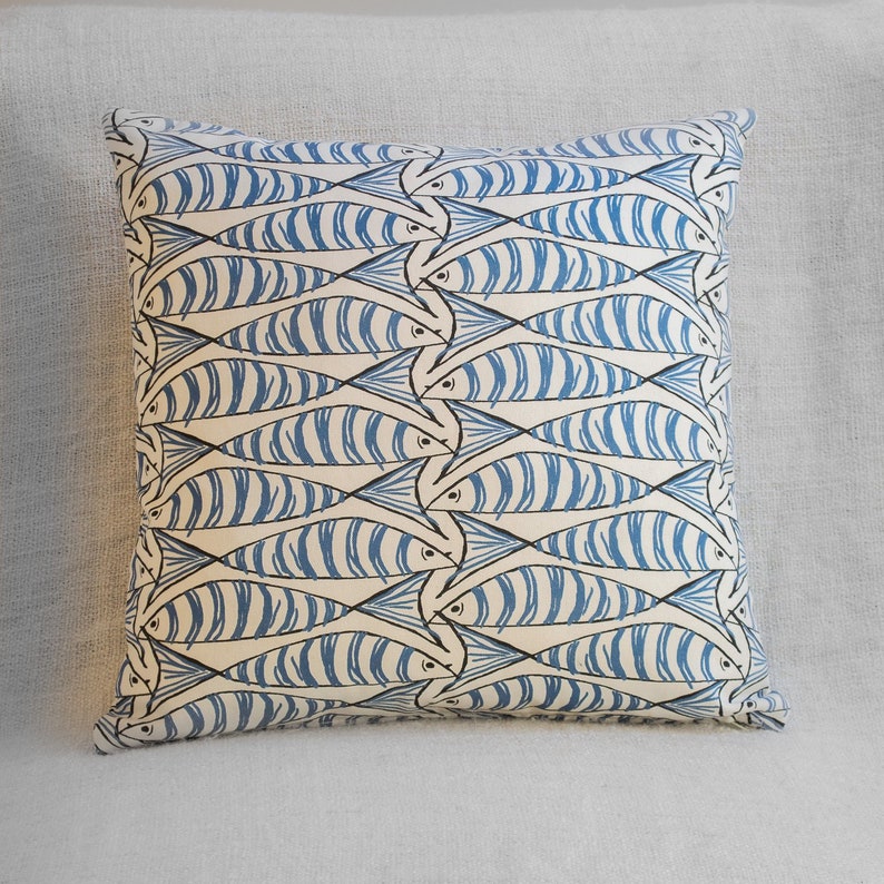 Seaside Fish Nautical Double Sided Cushion Cover. Sardine Design. Navy indigo blue fish against a white background. 17 x 17 Square. image 1
