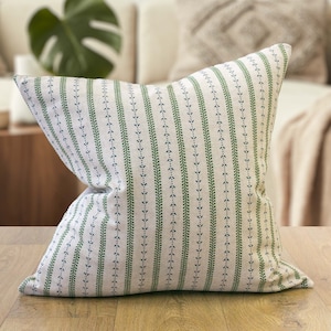 Cotswold Countryside Stripe Cushion. Cottagecore Green and Blue Floral Botanical Stripe Design. 17x17&quot;Cushion Cover.