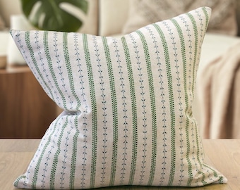 Cotswold Countryside Stripe Cushion. Cottagecore Green and Blue Floral Botanical Stripe Design. 17x17"Cushion Cover.