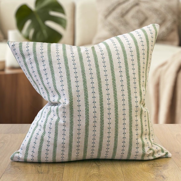 Cotswold Countryside Stripe Cushion. Cottagecore Green and Blue Floral Botanical Stripe Design. 17x17"Cushion Cover.