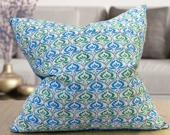 Tamil Batik Extra-Large Cushion. Jade Green and Blue Indonesian Inspired Geometric Floral Design. Eco-Friendly Cotton & Velvet, 23x23" XL