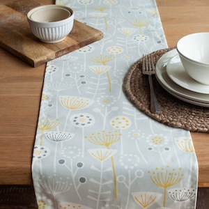 Ochre Yellow & Grey Birds and Leaves Two Sizes. Dainty Songbird Table Runner