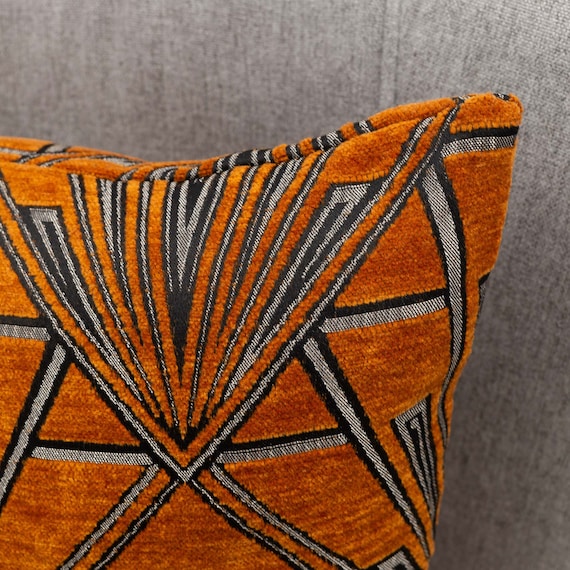Extra Large Art Deco Cushion. Luxury Velvet Chenille. Silver and Gold.  23x23 Square Floor Pillow. Geometric Bold Design. 