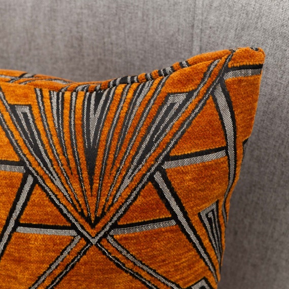 Extra Large Art Deco Cushion. Luxury Velvet Chenille. Silver and Gold.  23x23 Square Floor Pillow. Geometric Bold Design. 