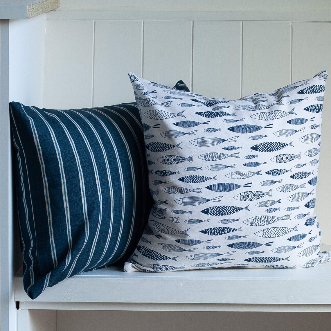 Vintage Style Printed Fish Cushion. Nautical Blue and Beige. Etsy