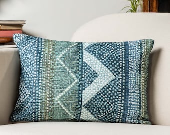Aztec Stripe Boudoir Cushion Cover. Teal Blue and Natural Green Geometric Zigzag and Chevron Design. 17x12" Rectangle Cover