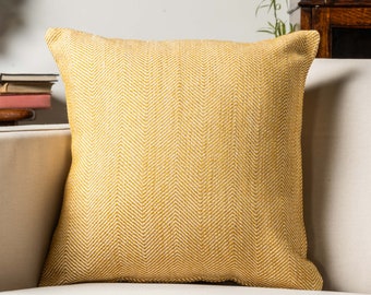 Faux Wool Linen Blend Herringbone Cushion in Ochre Yellow. Traditional Linen-Mix Wool Effect Fabric. 17x17" Square Cover