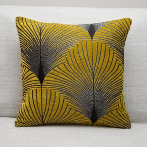 Art Deco Fan Cushion. Ochre Yellow & Silver. Luxury Velvet Chenille. Double Sided Feather Style. 17"x17" Square Pillow. 20s and 30s style
