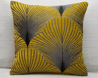 Art Deco Fan Cushion. Ochre Yellow & Silver. Luxury Velvet Chenille. Double Sided Feather Style. 17"x17" Square Pillow. 20s and 30s style