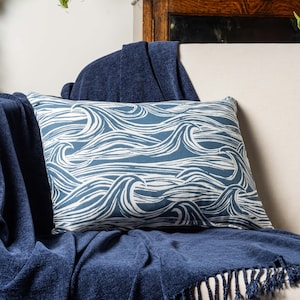 Ocean Waves Boudoir Cushion. Double Sided Nautical Design. 100% Cotton. Navy Indigo Blue Geometric Seaside Design. 17x12" Cover.